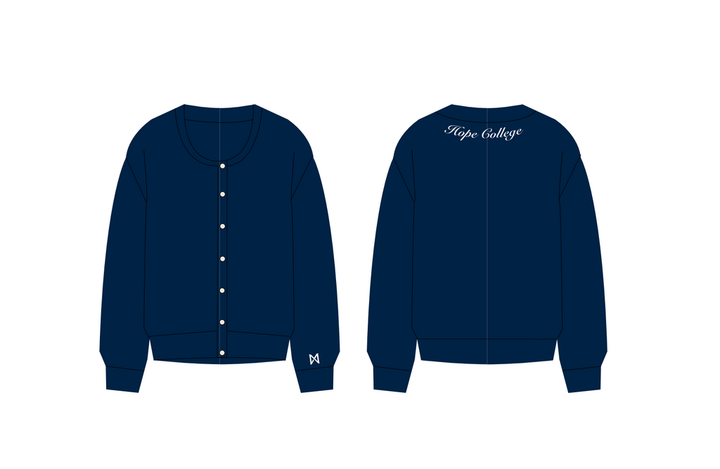 MITTN Navy blue varsity cardigan with 'Hope College' on it. 