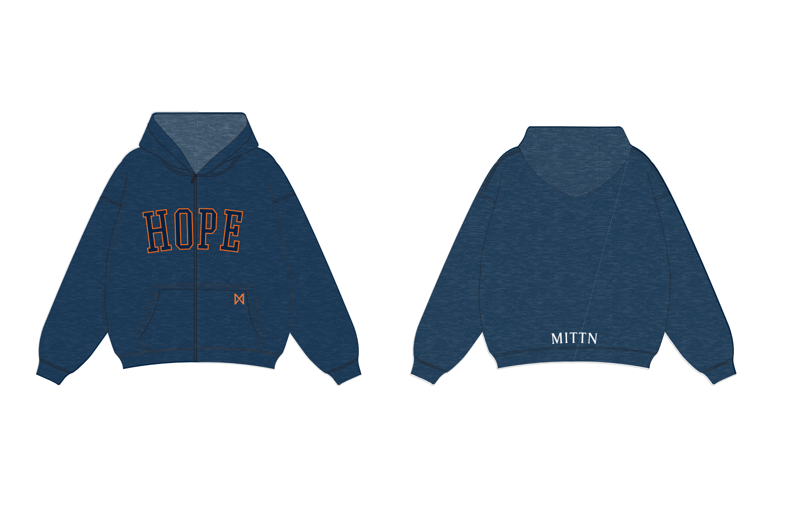 Navy blue hoodie with 'HOPE' text on front and 'MITTN' text on back