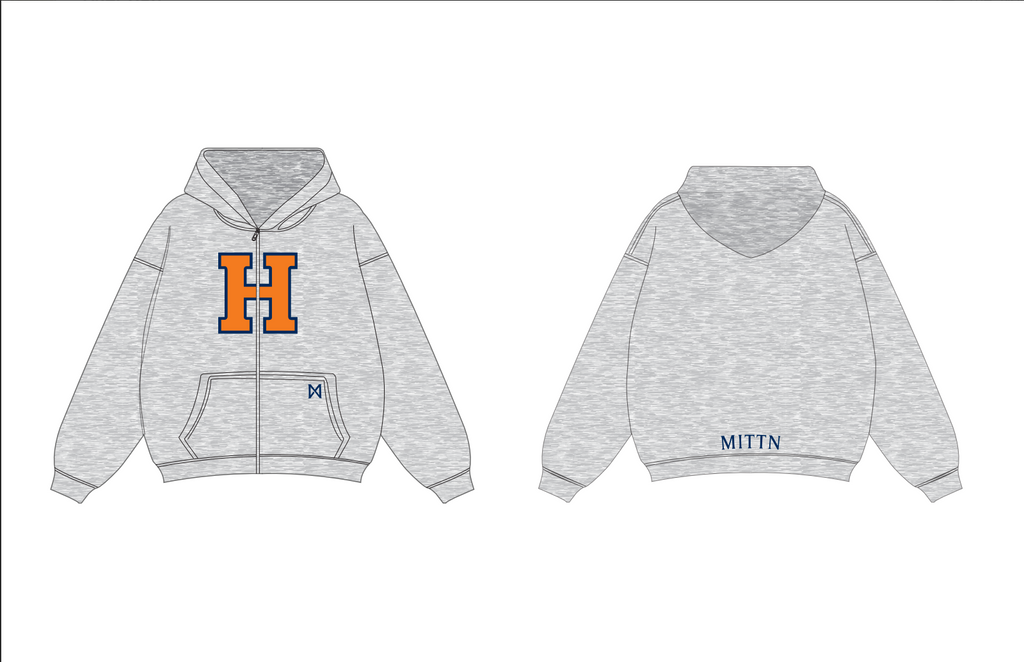 Gray hoodie with orange 'H' logo on front and 'MITIN' text on back