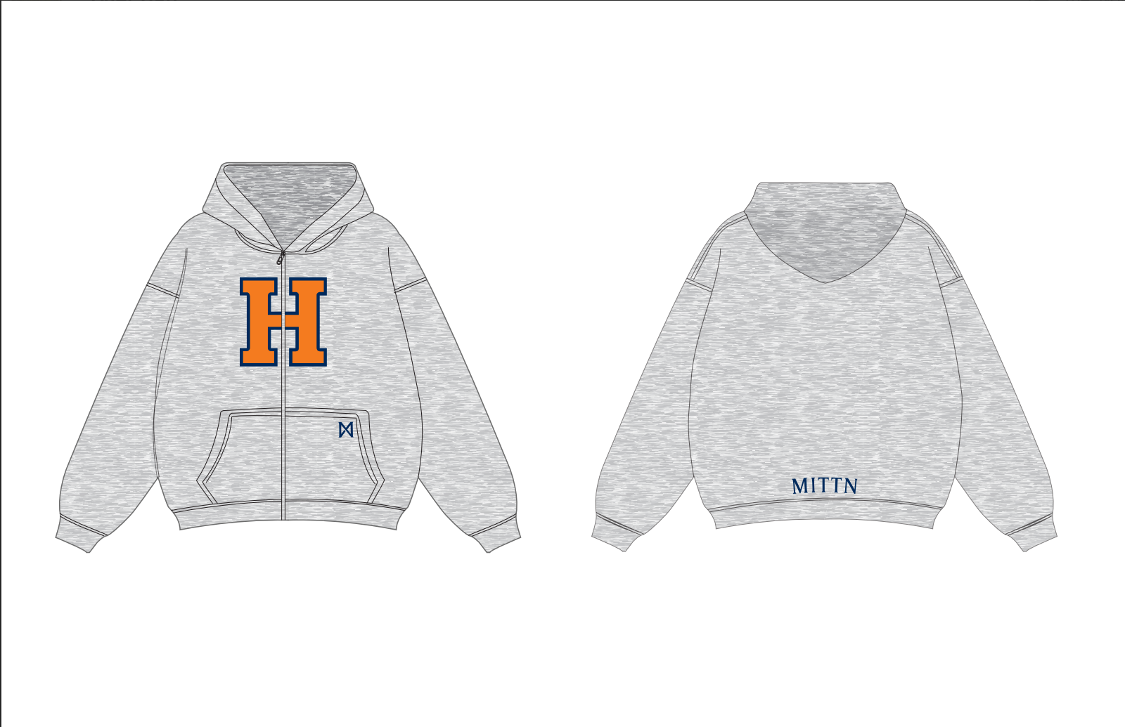 Gray hoodie with orange 'H' logo on front and 'MITIN' text on back