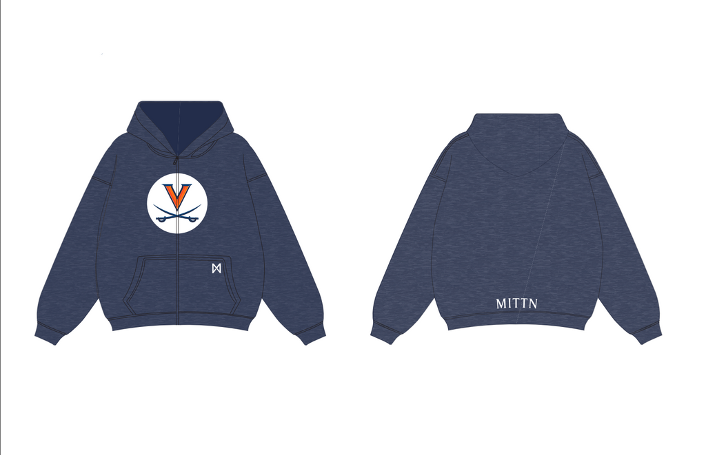 Navy blue hoodie with a logo on the front and MITTN on the back