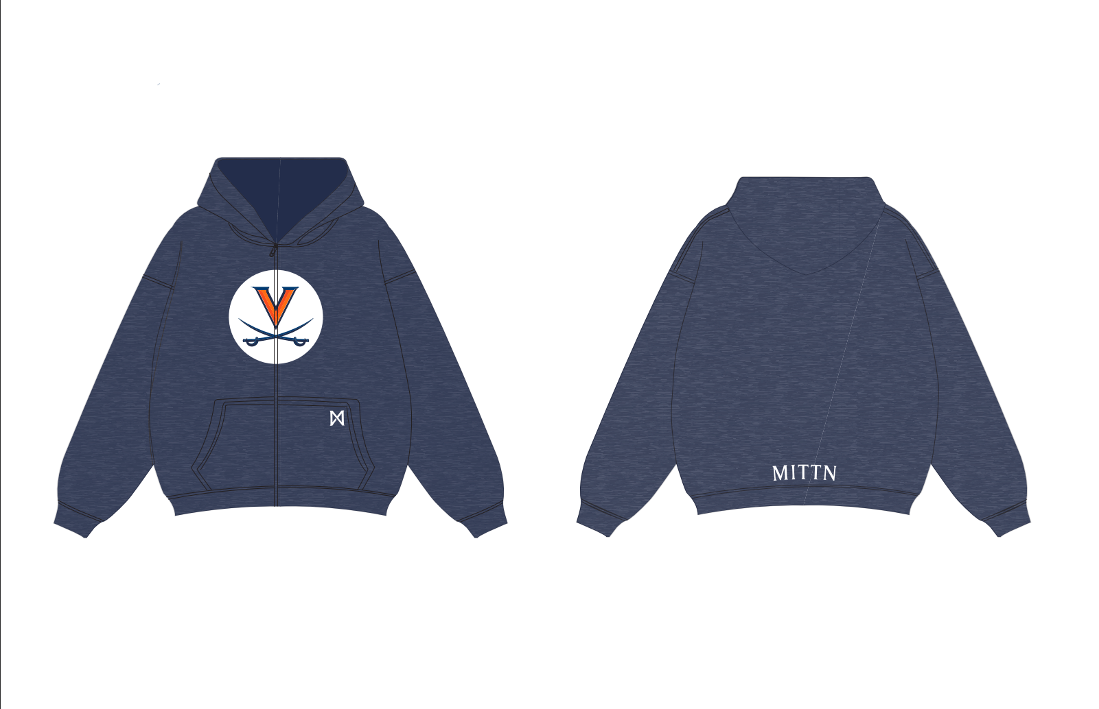 Navy blue hoodie with a logo on the front and MITTN on the back