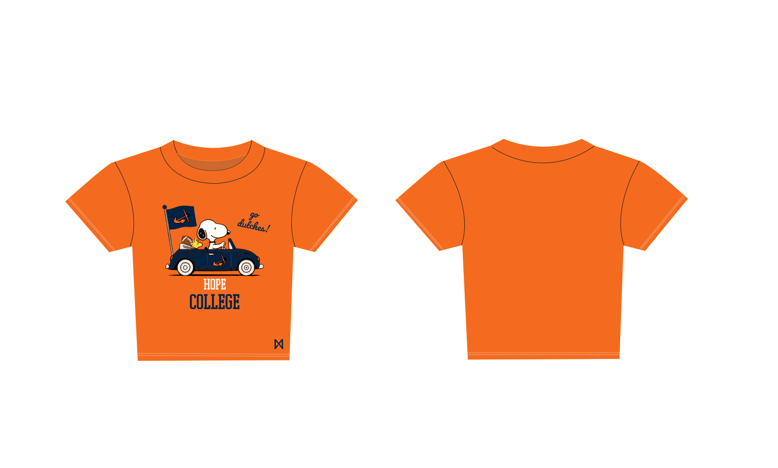 Orange baby tee with a snoopy x MITTN design